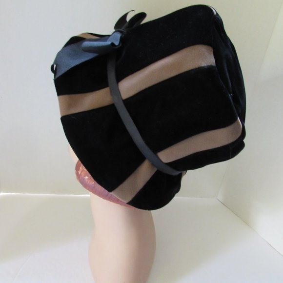 SALE Vintage 1960 Era bucket Style Hat Black Velvet Brown Satin by Royce